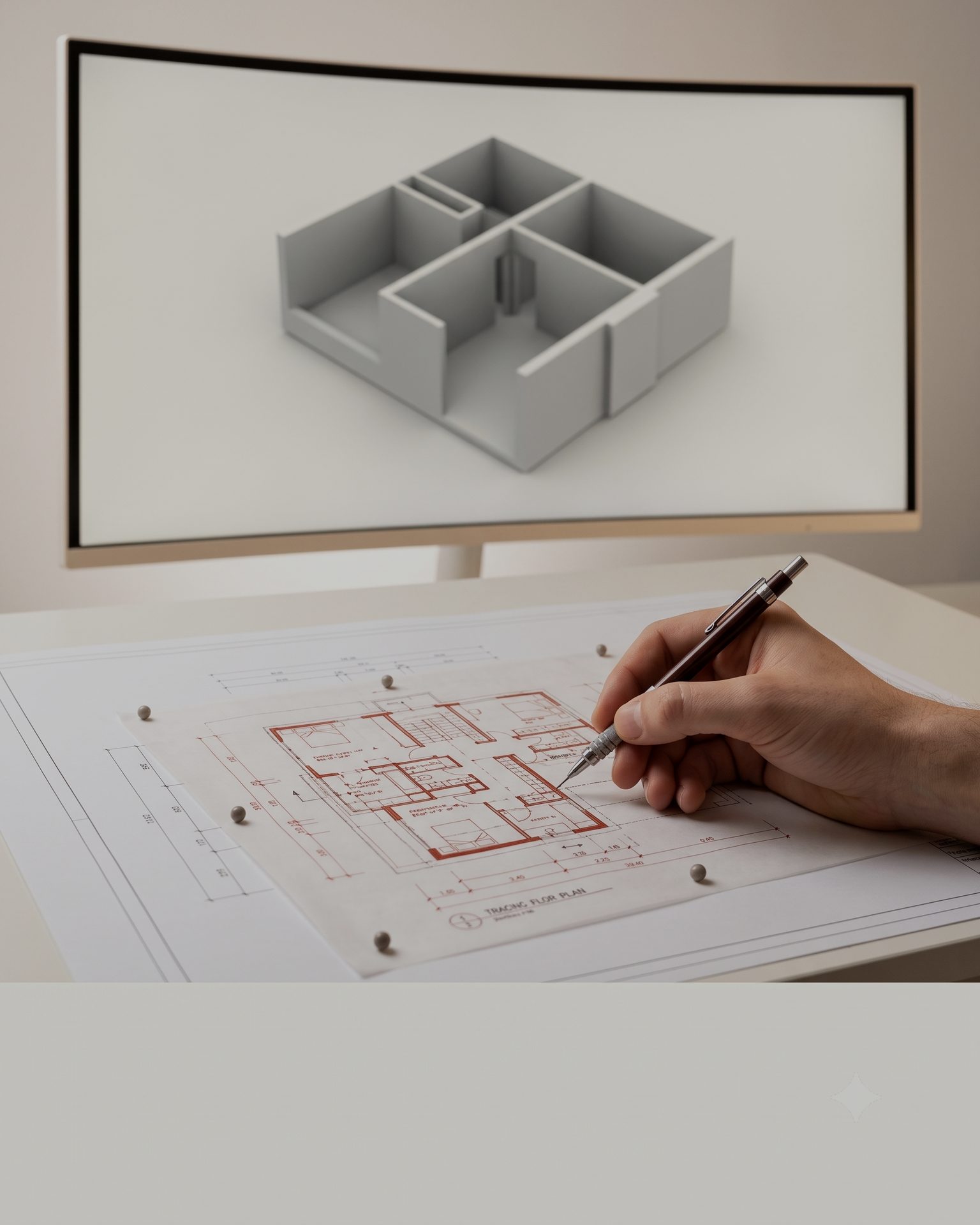 Architect drafting a red-ink floor plan beside a 3D model