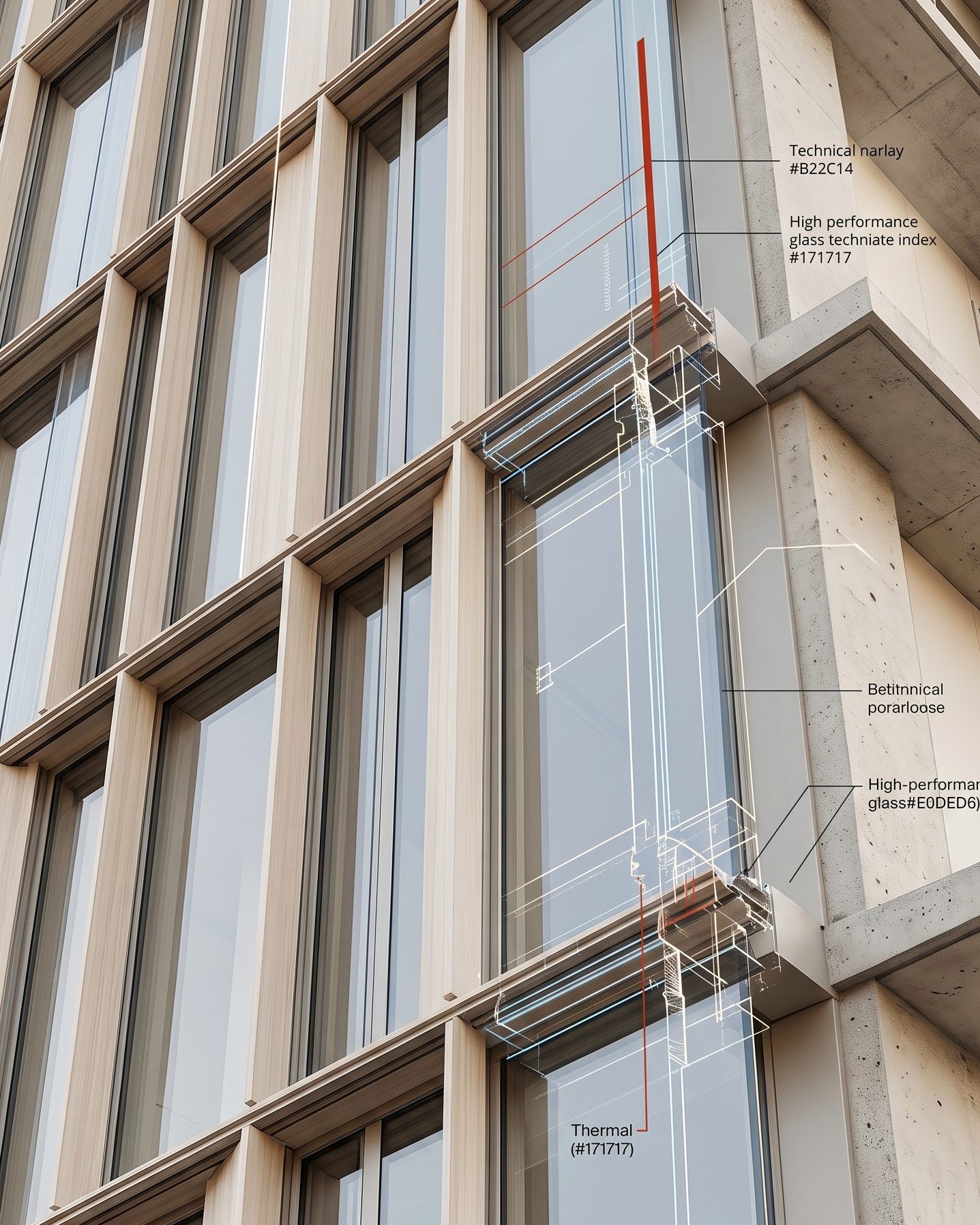 Timber curtain-wall facade detail with technical callouts