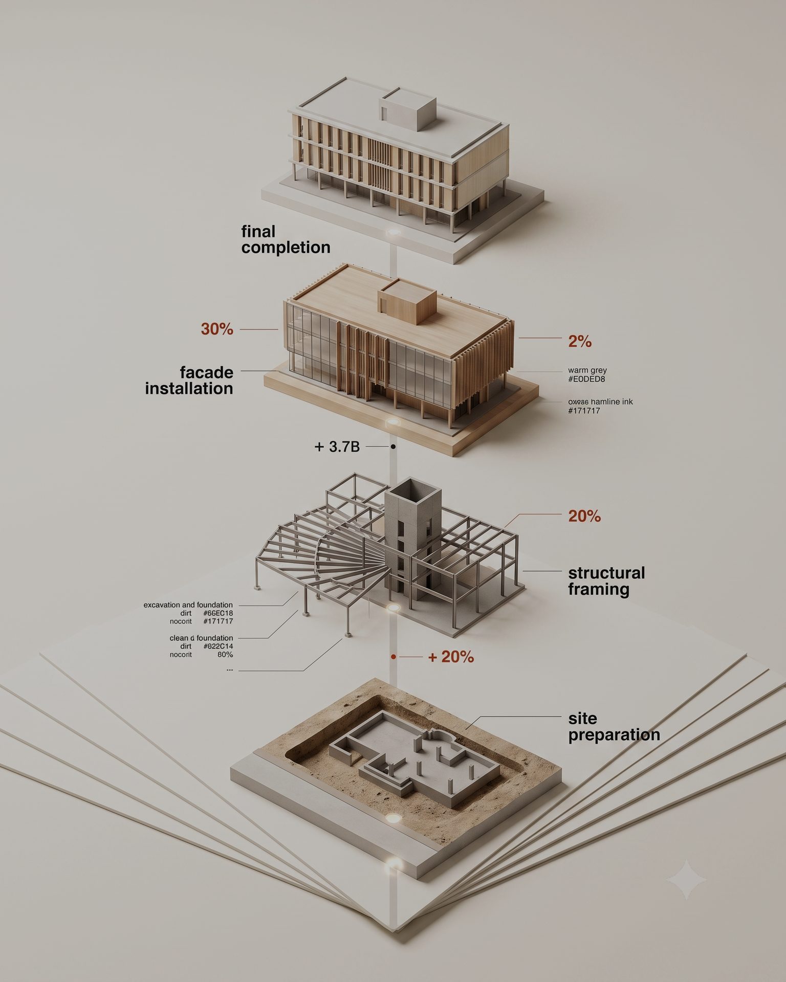 Exploded construction-phase diagram of a timber building