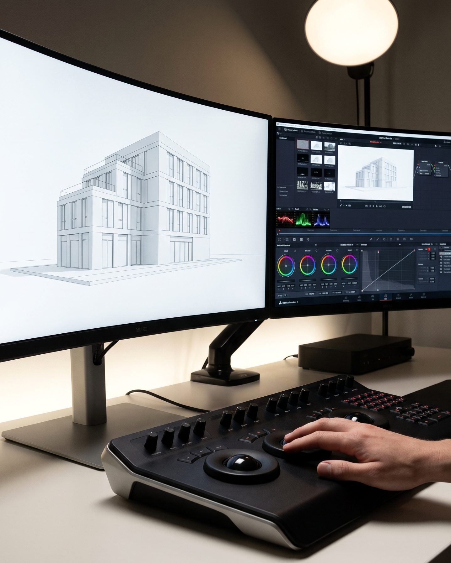Workstation reviewing building models on screen